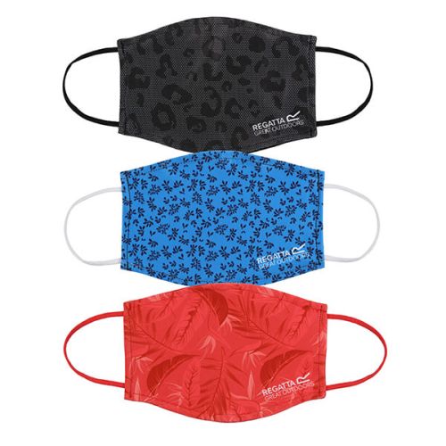 Regatta Pack of Three Adult Face Masks - Red Sky Tropical, Black Dotty Leopard and Blue Aster Falling Leaves