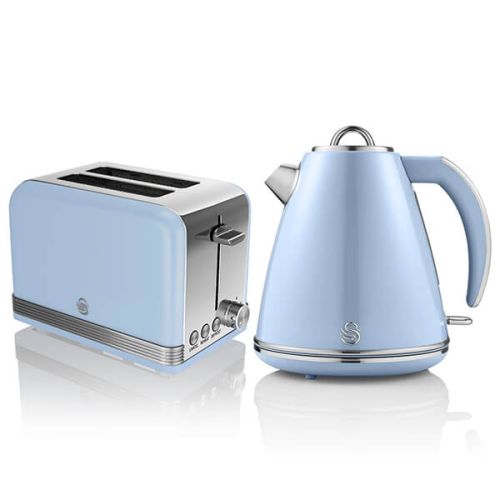 Swan Retro Blue Kettle and 2 Slice Toaster Set