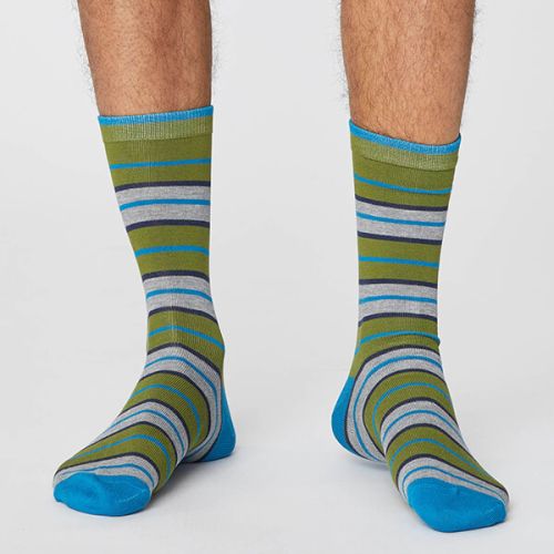 Thought Olive Green Rugby Stripe Socks Size 7-11