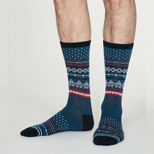 Thought Denim Blue Reginald Bamboo Christmas Pattern Socks
