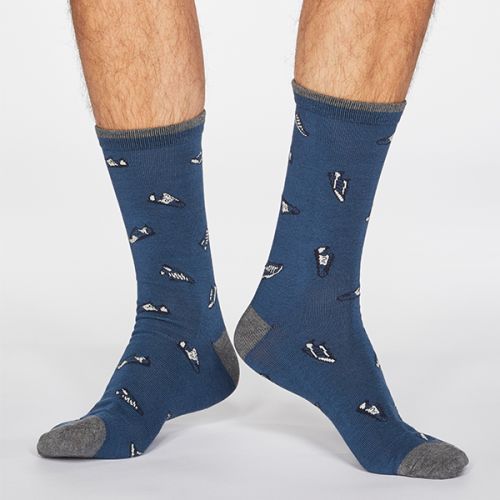 Thought Denim Blue Aiden Sneaker Print Bamboo Organic Cotton Blend Socks Size 7-11