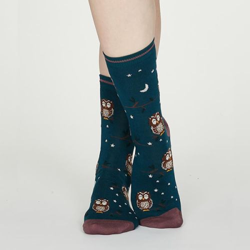 Thought Teal Blue Night Owl Bamboo Socks