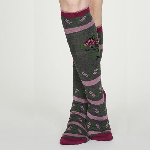 Thought Dark Grey Marle Denise Bamboo Long Floral Socks