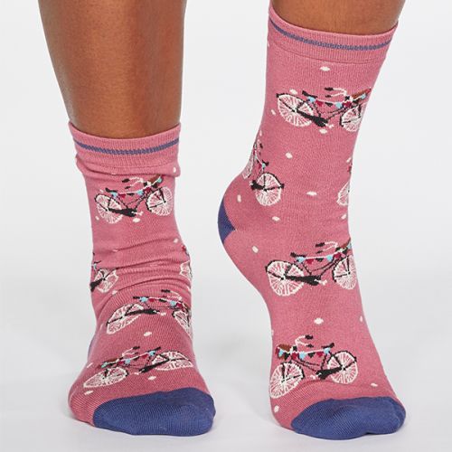 Thought Dark Rose Pink Gladys Spotty Bicycle Bamboo Organic Cotton Blend Socks Size 4-7