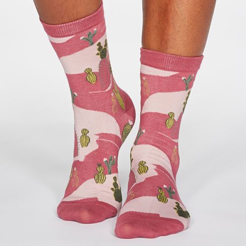 Thought Dark Rose Pink Ettie Cactus Print Organic Cotton Socks
