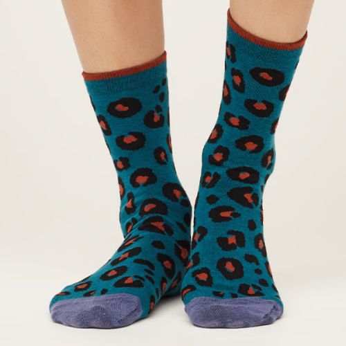 Thought GOTS Organic Cotton Leopard Print Socks Lagoon Blue Size 4-7