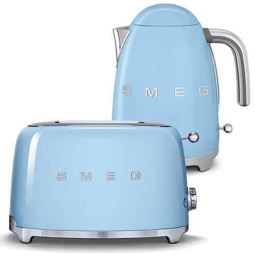 Smeg 2 Slice Toaster and Smeg 3D Logo Kettle, Pastel Blue