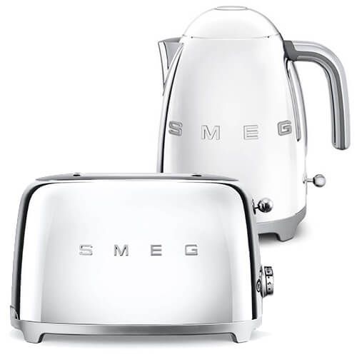 Smeg 2 Slice Toaster and Smeg 3D Logo Kettle, Chrome/Polished Steel