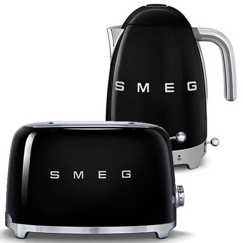 Smeg 2 Slice Toaster and Smeg Variable Temperature 3D Logo Kettle, Black