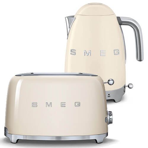 Smeg 2 Slice Toaster and Smeg Variable Temperature 3D Logo Kettle, Cream