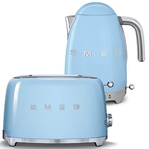 Smeg 2 Slice Toaster and Smeg Variable Temperature 3D Logo Kettle, Pastel Blue