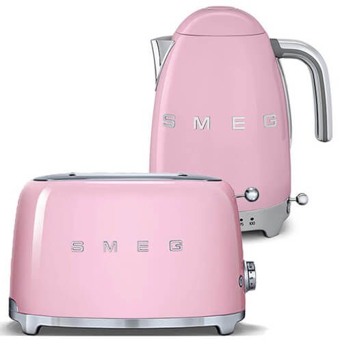 Smeg 2 Slice Toaster and Smeg Variable Temperature 3D Logo Kettle, Pink