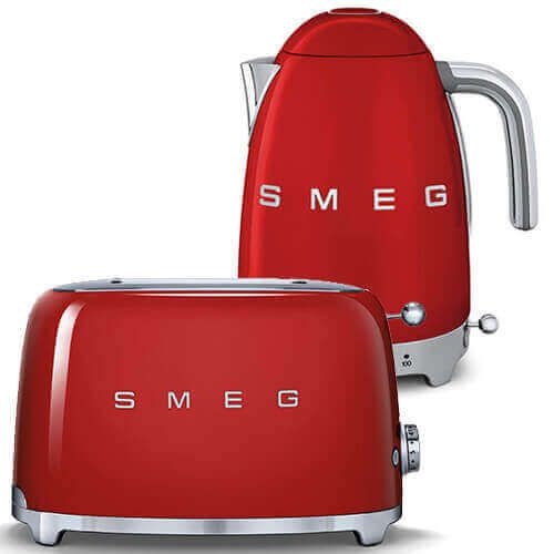 Smeg 2 Slice Toaster and Smeg Variable Temperature 3D Logo Kettle, Red