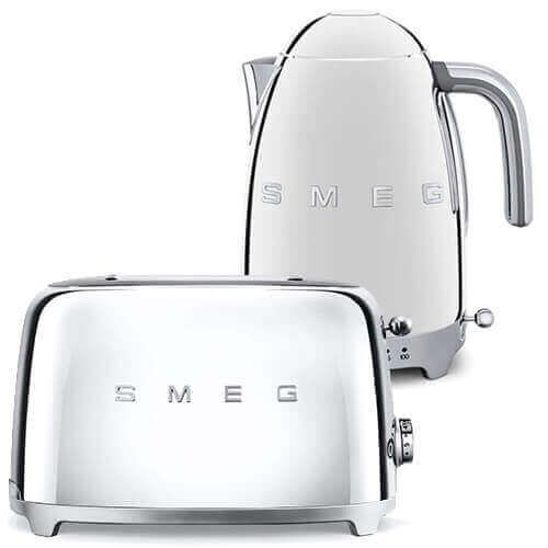 Smeg 2 Slice Toaster and Smeg Variable Temperature 3D Logo Kettle, Chrome/Polished Steel