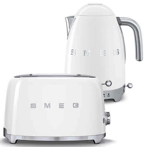 Smeg 2 Slice Toaster and Smeg Variable Temperature 3D Logo Kettle, White