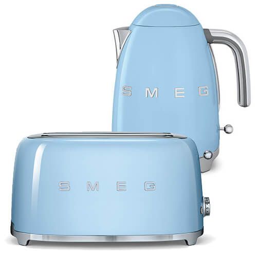 Smeg 4 Slice Toaster and Smeg 3D Logo Kettle, Pastel Blue