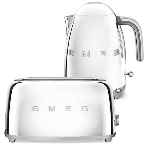 Smeg 4 Slice Toaster and Smeg 3D Logo Kettle, Chrome/Polished Steel