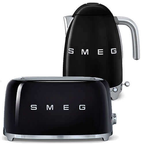Smeg 4 Slice Toaster and Smeg Variable Temperature 3D Logo Kettle, Black