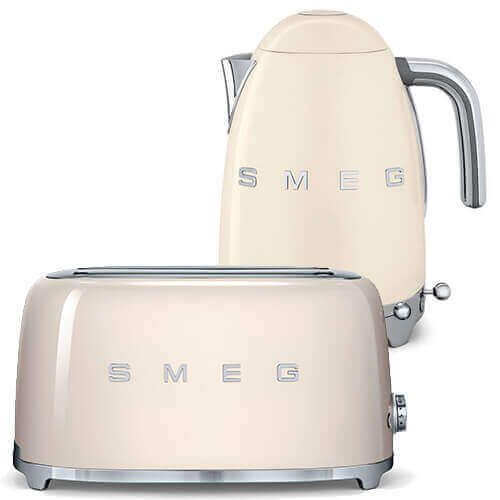 Smeg 4 Slice Toaster and Smeg Variable Temperature 3D Logo Kettle, Cream