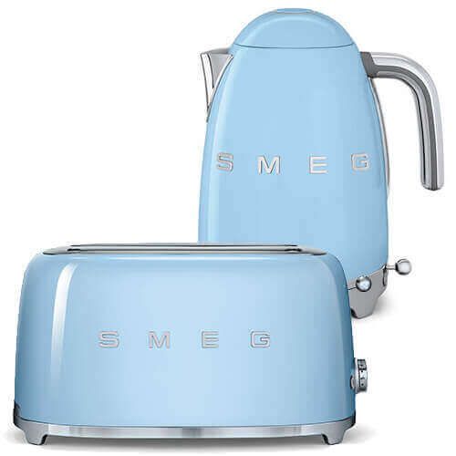 Smeg 4 Slice Toaster and Smeg Variable Temperature 3D Logo Kettle, Pastel Blue