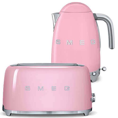 Smeg 4 Slice Toaster and Smeg Variable Temperature 3D Logo Kettle, Pink