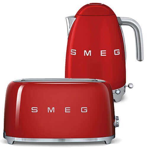 Smeg 4 Slice Toaster and Smeg Variable Temperature 3D Logo Kettle, Red