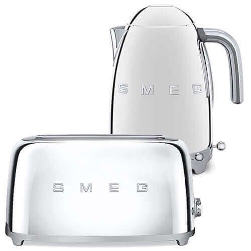 Smeg 4 Slice Toaster and Smeg Variable Temperature 3D Logo Kettle, Chrome/Polished Steel