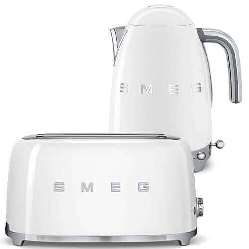 Smeg 4 Slice Toaster and Smeg Variable Temperature 3D Logo Kettle, White