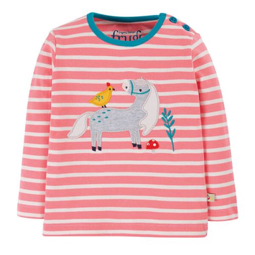 Frugi Organic Guava Pink Stripe Button Applique Top Size 2-3 Years