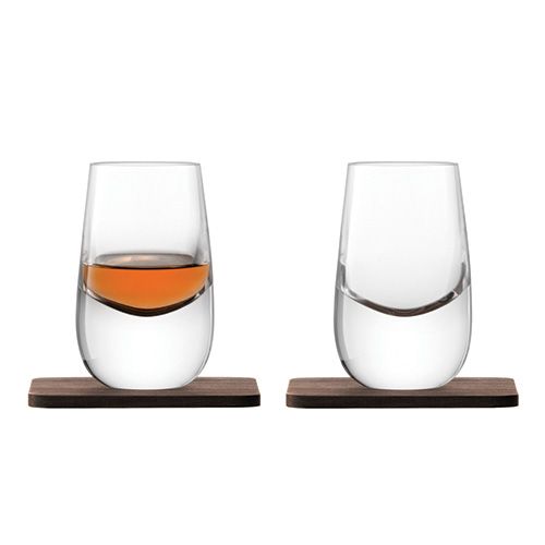 LSA Whisky Islay Shot Glass 80ml Clear With Walnut Coaster Set Of 2