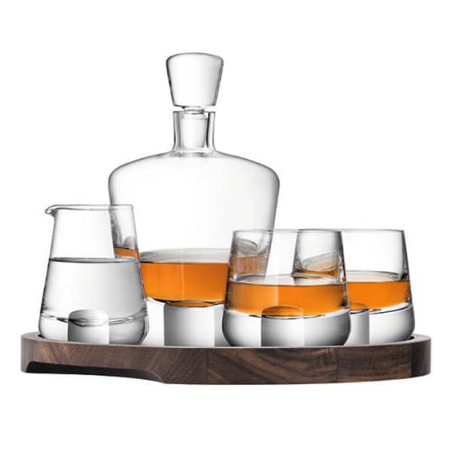 LSA Whisky Cut Connoisseur Set & Walnut/Cork Serving Tray