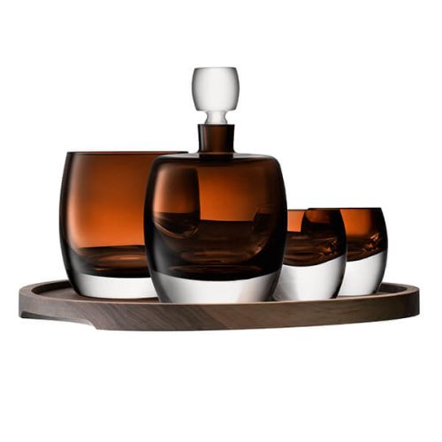 LSA Whisky Club Connoisseur Set & Walnut & Cork Serving Tray Peat Brown