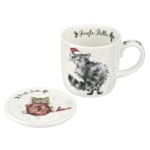Wrendale Designs Fine Bone China Mug & Coaster Set Jingle Belle Cat