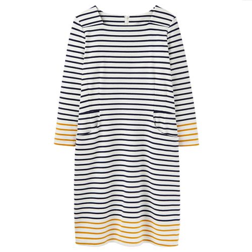 Joules Yvonne Square Neck Dress With Pockets Cream Gold Stripe Size 12