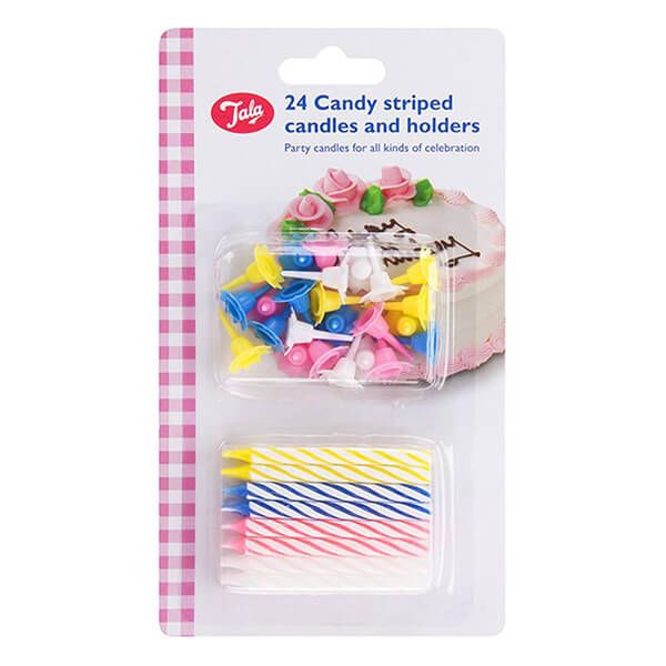 Tala Pack of 24 Candy Striped Candles and 24 Holders