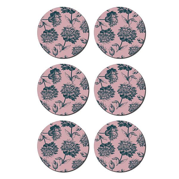 Denby Set Of 6 Rose Engraved Floral Round Coasters