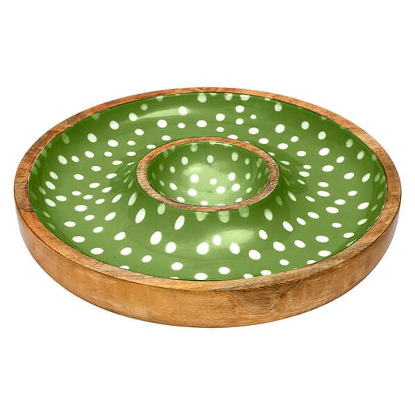 Dexam Sintra Mango Wood Spotted Chip and Dip Bowl Green
