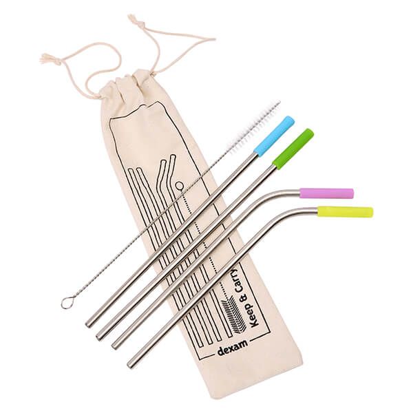 Dexam Set of 4 Stainless Steel Straws with Silicone Tips and Cleaning Brush in Organic Cotton Bag