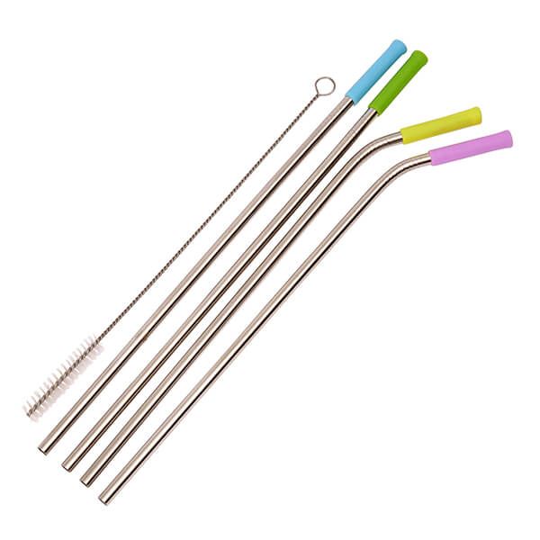 Dexam Set of 4 Stainless Steel Straws with Silicone Tips and Cleaning Brush