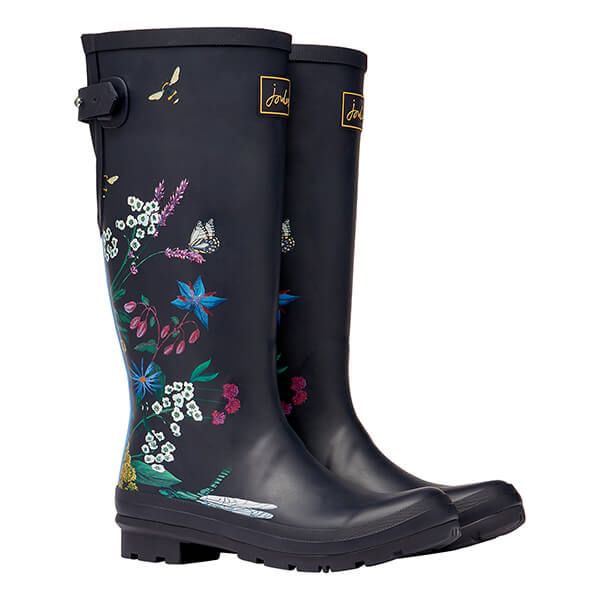 Joules Navy Bee Floral Wellies With Adjustable Back Gusset
