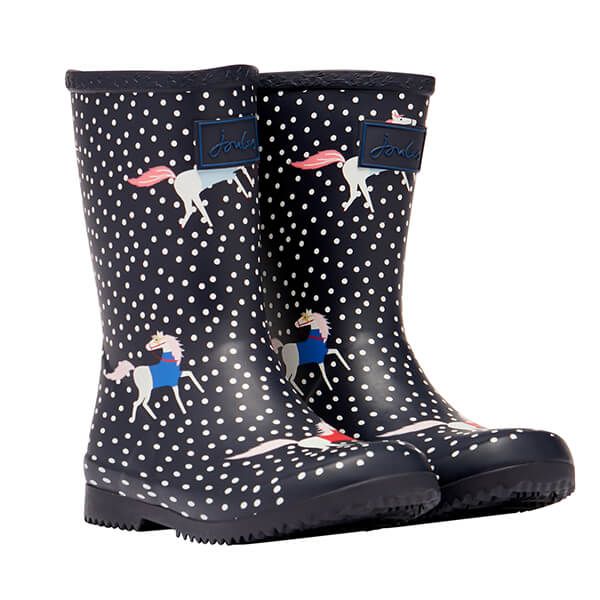 Joules Navy Spotty Horses Roll Up Flexible Printed Wellies