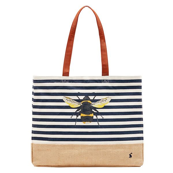 Joules Cream Bee Stripe Sandside Jute And Printed Canvas Shopper