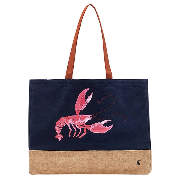 Joules Pink Lobster Sandside Jute And Printed Canvas Shopper