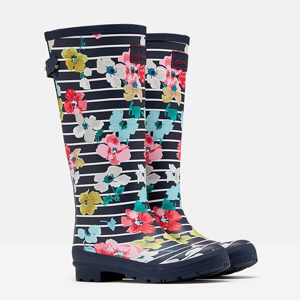 Joules Blue Stripe Floral Printed Wellies With Back Gusset