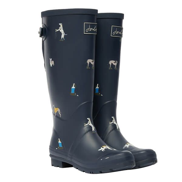 Joules Navy Dogs Printed Wellies With Back Gusset