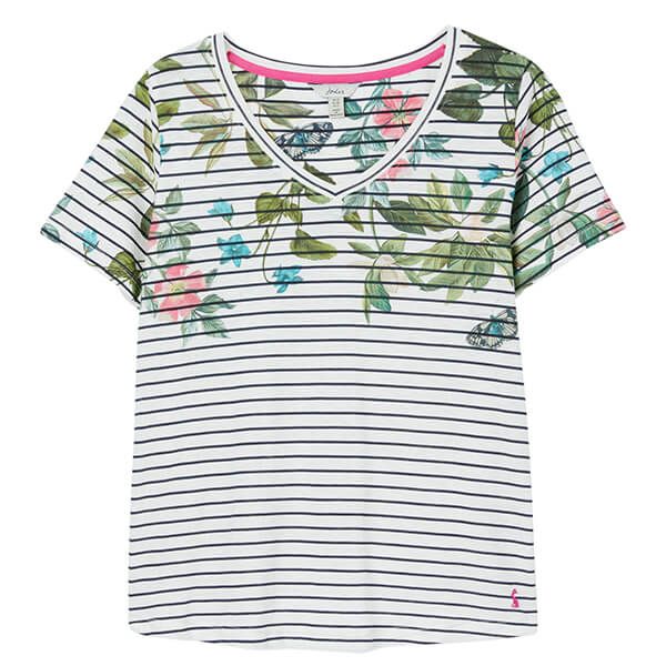 Joules Cream Navy Floral Stripe Celina Print V Neck T-Shirt
