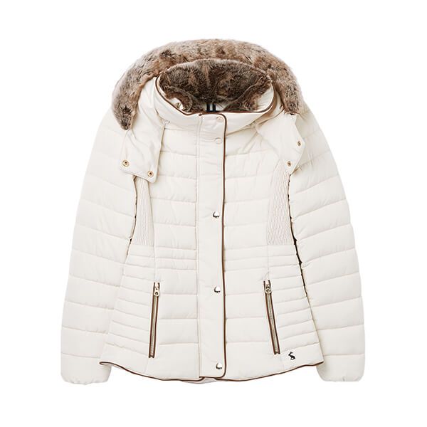 Joules Winter White Gosway Fur Trim Padded Coat