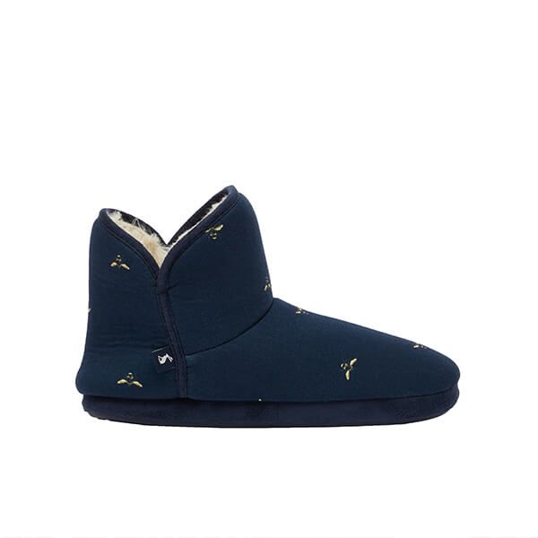Joules Navy Bees Cabin Faux Fur Lined Slipper with Rubber Sole