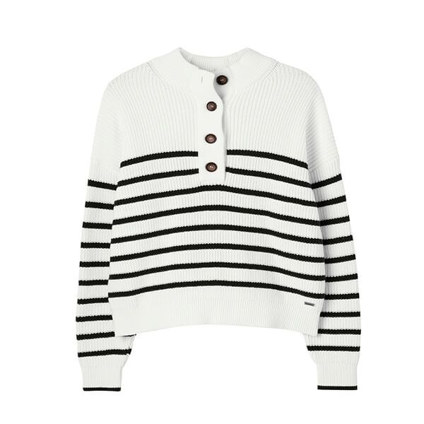 Joules Navy Creme Stripe Cove Button Through Chunky Jumper