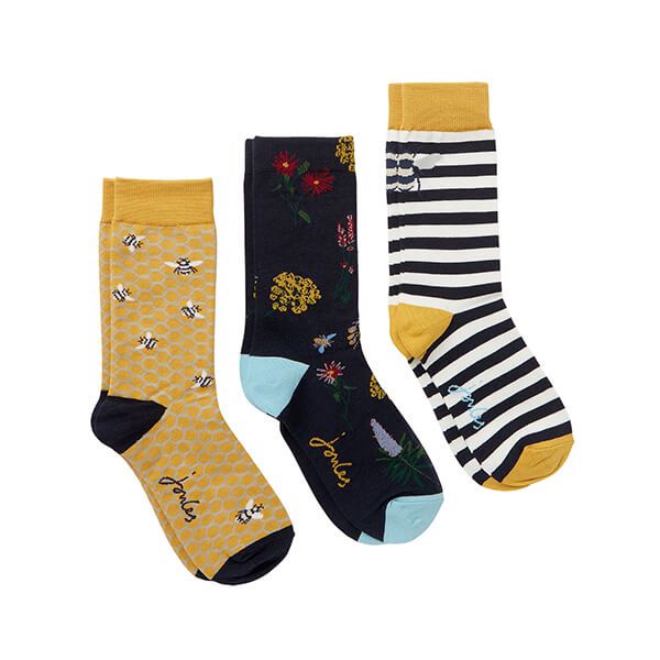 Joules Gold Bee Excellent Everyday 3 Pack Eco Vero Socks Size 4-8